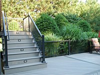 <b>TimberTech Legacy Ashwood Composite Decking with Espresso feature boards-Ultralox Aluminum Railing + stair riser lights</b>